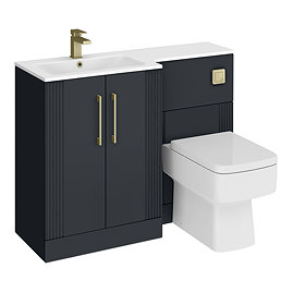 Roxbury Deco Fluted 1100mm Anthracite Combination Unit with White Stone Basin - Brushed Brass Handles & Flush, Square Pan