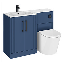 Roxbury Deco Fluted 1100mm Blue Combination Unit with Carrera Marble Basin - Black Handles & Flush, Round Pan