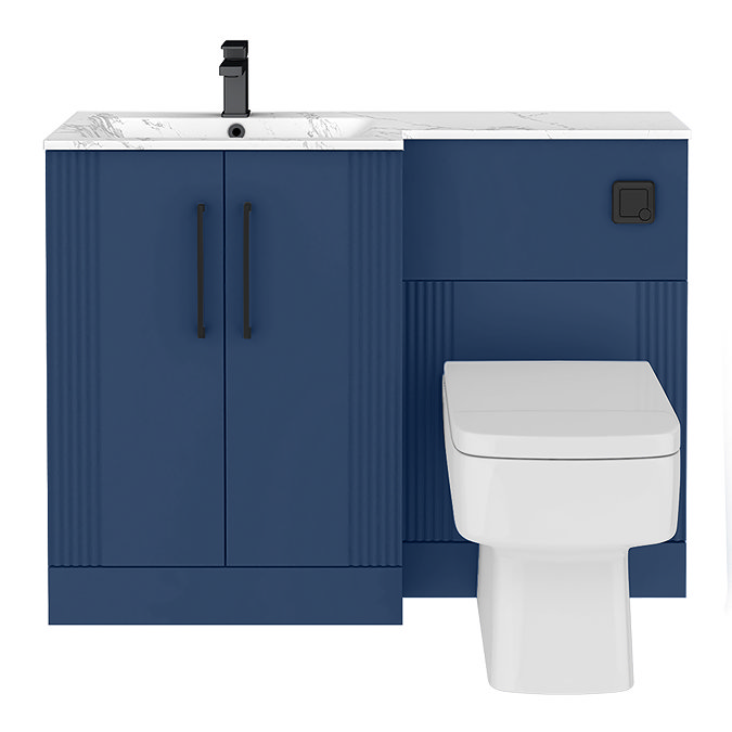 Roxbury Deco Fluted 1100mm Blue Combination Unit with Carrera Marble Basin - Black Handles & Flush, Square Pan