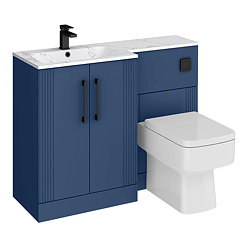 Roxbury Deco Fluted 1100mm Blue Combination Unit with Carrera Marble Basin - Black Handles & Flush, Square Pan