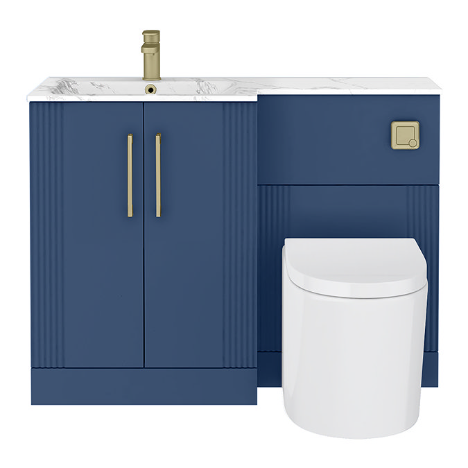 Roxbury Deco Fluted 1100mm Blue Combination Unit with Carrera Marble Basin - Brushed Brass Handles & Flush, Round Pan