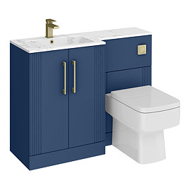 Roxbury Deco Fluted 1100mm Blue Combination Unit with Carrera Marble Basin - Brushed Brass Handles & Flush, Square Pan