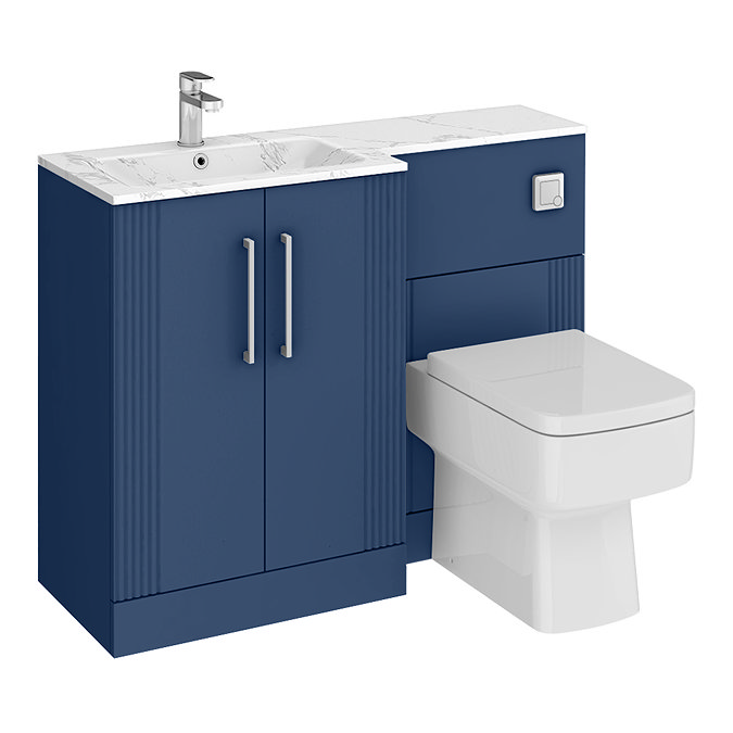 Roxbury Deco Fluted 1100mm Blue Combination Unit with Carrera Marble Basin, Square Pan & Chrome Flush