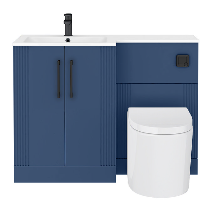 Roxbury Deco Fluted 1100mm Blue Combination Unit with Matt White Stone Basin - Black Handles & Flush, Round Pan
