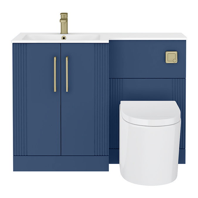 Roxbury Deco Fluted 1100mm Blue Combination Unit with White Stone Basin - Brushed Brass Handles & Flush, Round Pan