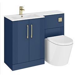 Roxbury Deco Fluted 1100mm Blue Combination Unit with White Stone Basin - Brushed Brass Handles & Flush, Round Pan