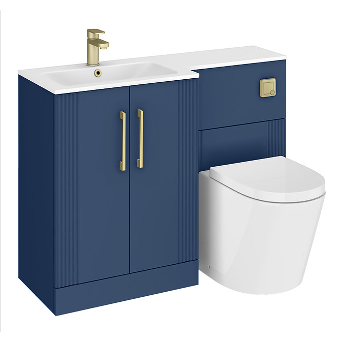 Roxbury Deco Fluted 1100mm Blue Combination Unit with White Stone Basin - Brushed Brass Handles & Flush, Round Pan
