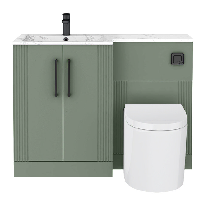 Roxbury Deco Fluted 1100mm Green Combination Unit with Carrera Marble Basin - Black Handles & Flush, Round Pan