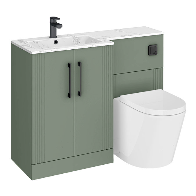 Roxbury Deco Fluted 1100mm Green Combination Unit with Carrera Marble Basin - Black Handles & Flush, Round Pan