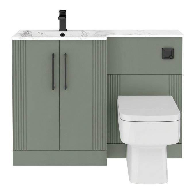 Roxbury Deco Fluted 1100mm Green Combination Unit with Carrera Marble Basin - Black Handles & Flush, Square Pan