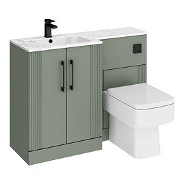Roxbury Deco Fluted 1100mm Green Combination Unit with Carrera Marble Basin - Black Handles & Flush, Square Pan