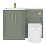 Roxbury Deco Fluted 1100mm Green Combination Unit with Carrera Marble Basin - Brushed Brass Handles & Flush, Round Pan
