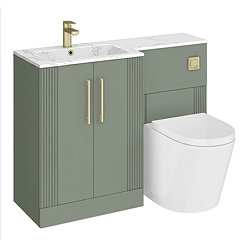 Roxbury Deco Fluted 1100mm Green Combination Unit with Carrera Marble Basin - Brushed Brass Handles & Flush, Round Pan