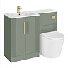 Roxbury Deco Fluted 1100mm Green Combination Unit with Carrera Marble Basin - Brushed Brass Handles & Flush, Round Pan