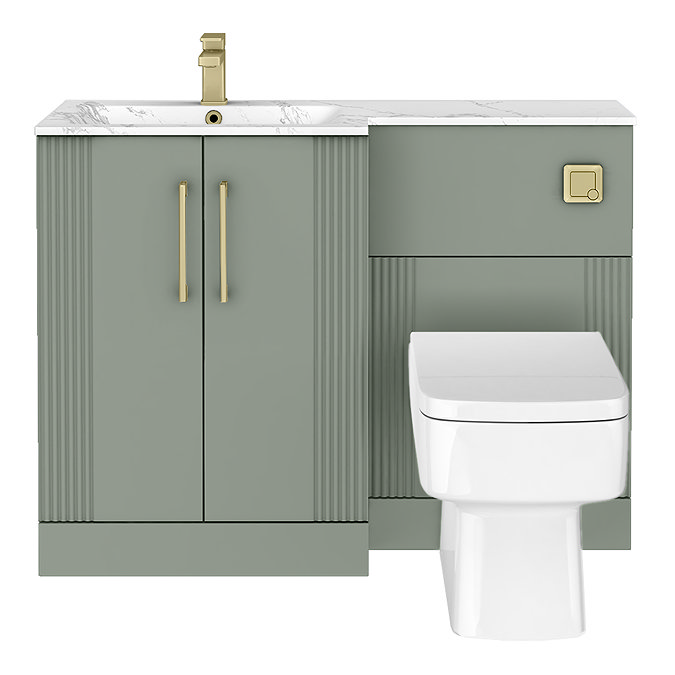 Roxbury Deco Fluted 1100mm Green Combination Unit with Carrera Marble Basin - Brushed Brass Handles & Flush, Square Pan