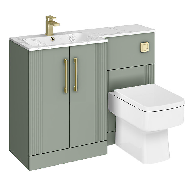 Roxbury Deco Fluted 1100mm Green Combination Unit with Carrera Marble Basin - Brushed Brass Handles & Flush, Square Pan