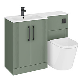 Roxbury Deco Fluted 1100mm Green Combination Unit with Matt White Stone Basin - Black Handles & Flush, Round Pan