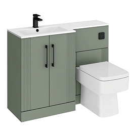 Roxbury Deco Fluted 1100mm Green Combination Unit with Carrera Marble Basin - Black Handles & Flush, Square Pan