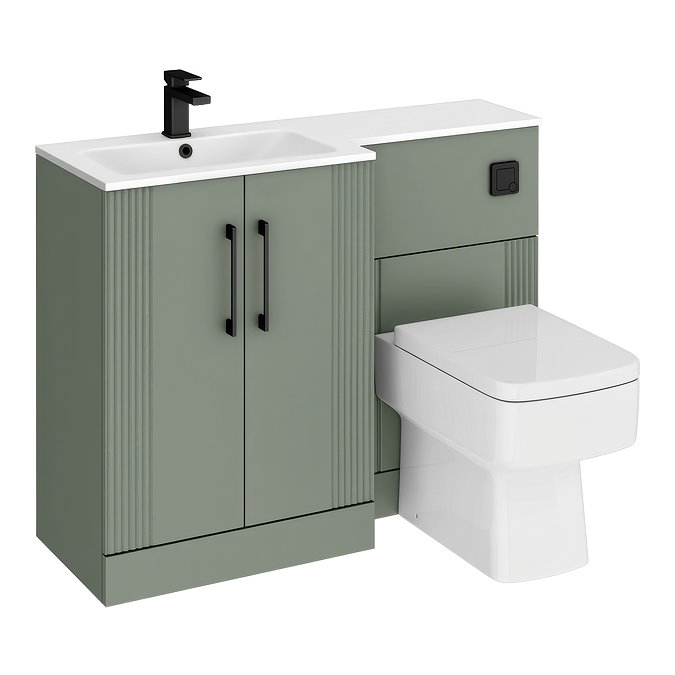 Roxbury Deco Fluted 1100mm Green Combination Unit with Carrera Marble Basin - Black Handles & Flush, Square Pan
