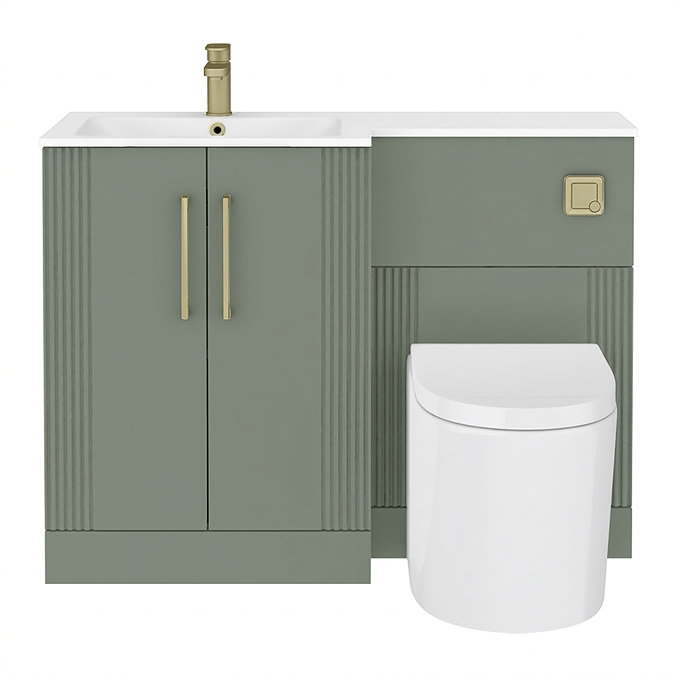 Roxbury Deco Fluted 1100mm Green Combination Unit with White Stone Basin - Brushed Brass Handles & Flush, Round Pan
