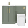 Roxbury Deco Fluted 1100mm Green Combination Unit with White Stone Basin - Brushed Brass Handles & Flush, Round Pan