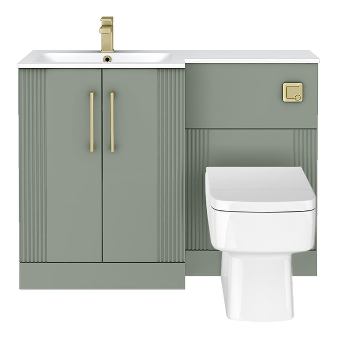 Roxbury Deco Fluted 1100mm Green Combination Unit with White Stone Basin - Brushed Brass Handles & Flush, Square Pan