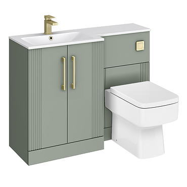 Roxbury Deco Fluted 1100mm Green Combination Unit with White Stone Basin - Brushed Brass Handles & Flush, Square Pan