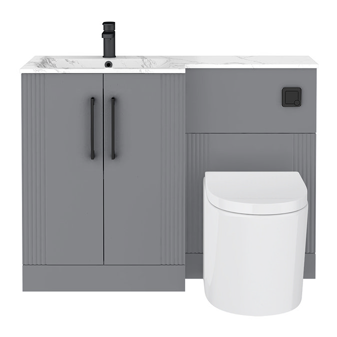 Roxbury Deco Fluted 1100mm Grey Combination Unit with Carrera Marble Basin - Black Handles & Flush, Round Pan
