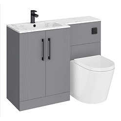 Roxbury Deco Fluted 1100mm Grey Combination Unit with Carrera Marble Basin - Black Handles & Flush, Round Pan