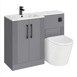 Roxbury Deco Fluted 1100mm Grey Combination Unit with Carrera Marble Basin - Black Handles & Flush, Round Pan