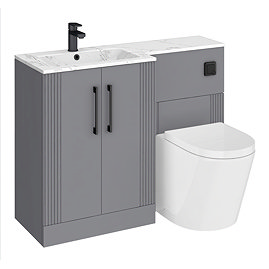 Roxbury Deco Fluted 1100mm Grey Combination Unit with Carrera Marble Basin - Black Handles & Flush, Round Pan