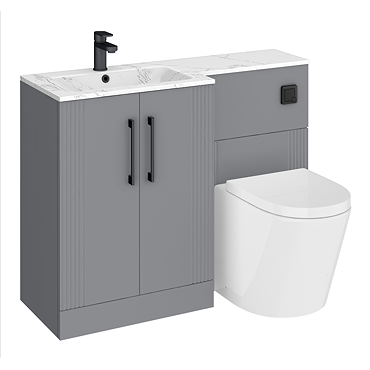 Roxbury Deco Fluted 1100mm Grey Combination Unit with Carrera Marble Basin - Black Handles & Flush, Round Pan