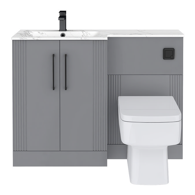 Roxbury Deco Fluted 1100mm Grey Combination Unit with Carrera Marble Basin - Black Handles & Flush, Square Pan