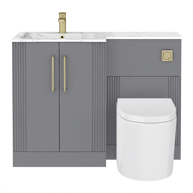Roxbury Deco Fluted 1100mm Grey Combination Unit with Carrera Marble Basin - Brushed Brass Handles & Flush, Round Pan