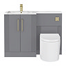 Roxbury Deco Fluted 1100mm Grey Combination Unit with Carrera Marble Basin - Brushed Brass Handles & Flush, Round Pan