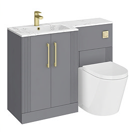 Roxbury Deco Fluted 1100mm Grey Combination Unit with Carrera Marble Basin - Brushed Brass Handles & Flush, Round Pan