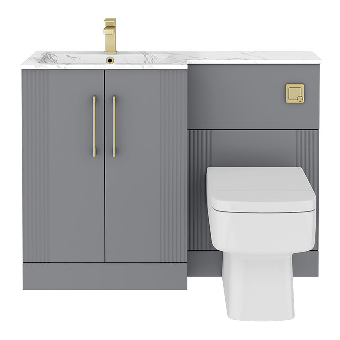 Roxbury Deco Fluted 1100mm Grey Combination Unit with Carrera Marble Basin - Brushed Brass Handles & Flush, Square Pan