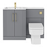 Roxbury Deco Fluted 1100mm Grey Combination Unit with Carrera Marble Basin - Brushed Brass Handles & Flush, Square Pan
