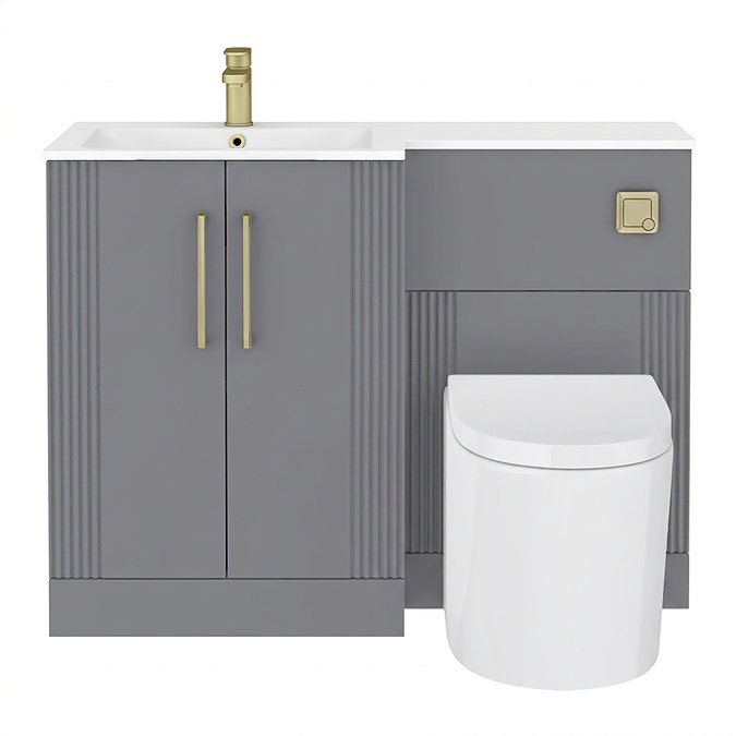Roxbury Deco Fluted 1100mm Grey Combination Unit with White Stone Basin - Brushed Brass Handles & Flush, Round Pan