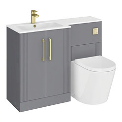 Roxbury Deco Fluted 1100mm Grey Combination Unit with White Stone Basin - Brushed Brass Handles & Flush, Round Pan