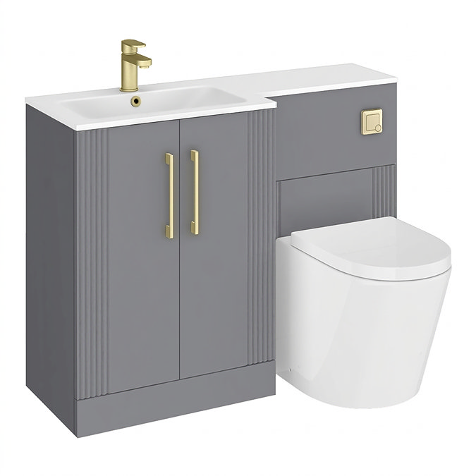 Roxbury Deco Fluted 1100mm Grey Combination Unit with White Stone Basin - Brushed Brass Handles & Flush, Round Pan