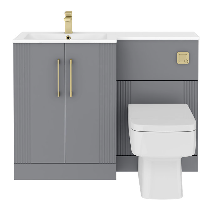 Roxbury Deco Fluted 1100mm Grey Combination Unit with White Stone Basin - Brushed Brass Handles & Flush, Square Pan
