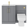 Roxbury Deco Fluted 1100mm Grey Combination Unit with White Stone Basin - Brushed Brass Handles & Flush, Square Pan
