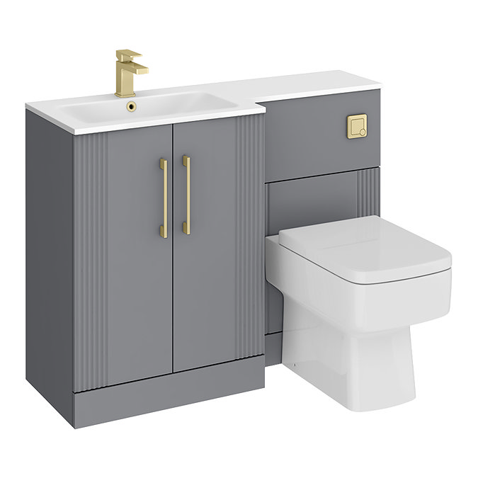 Roxbury Deco Fluted 1100mm Grey Combination Unit with White Stone Basin - Brushed Brass Handles & Flush, Square Pan