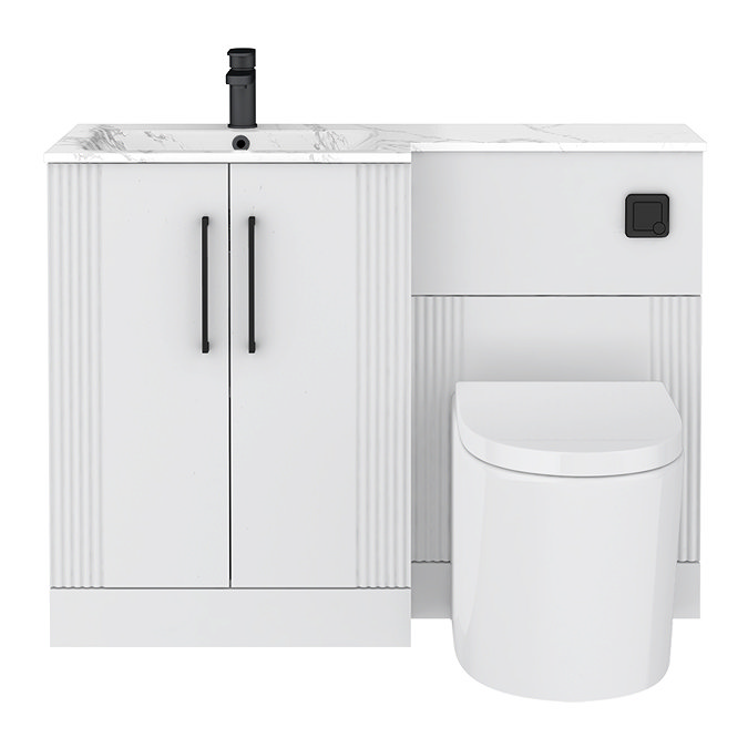 Roxbury Deco Fluted 1100mm White Combination Unit with Carrera Marble Basin - Black Handles & Flush, Round Pan