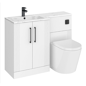 Roxbury Deco Fluted 1100mm White Combination Unit with Carrera Marble Basin - Black Handles & Flush, Round Pan