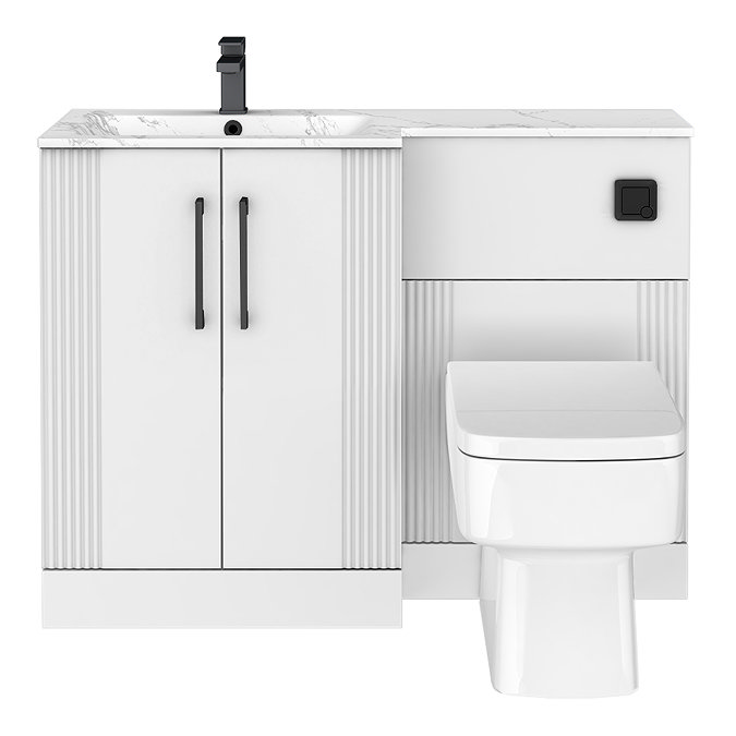 Roxbury Deco Fluted 1100mm White Combination Unit with Carrera Marble Basin - Black Handles & Flush, Square Pan