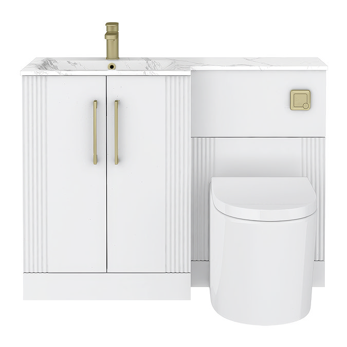 Roxbury Deco Fluted 1100mm White Combination Unit with Carrera Marble Basin - Brushed Brass Handles & Flush, Round Pan