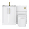 Roxbury Deco Fluted 1100mm White Combination Unit with Carrera Marble Basin - Brushed Brass Handles & Flush, Round Pan
