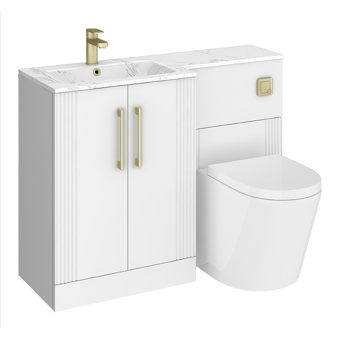 Roxbury Deco Fluted 1100mm White Combination Unit with Carrera Marble Basin - Brushed Brass Handles & Flush, Round Pan